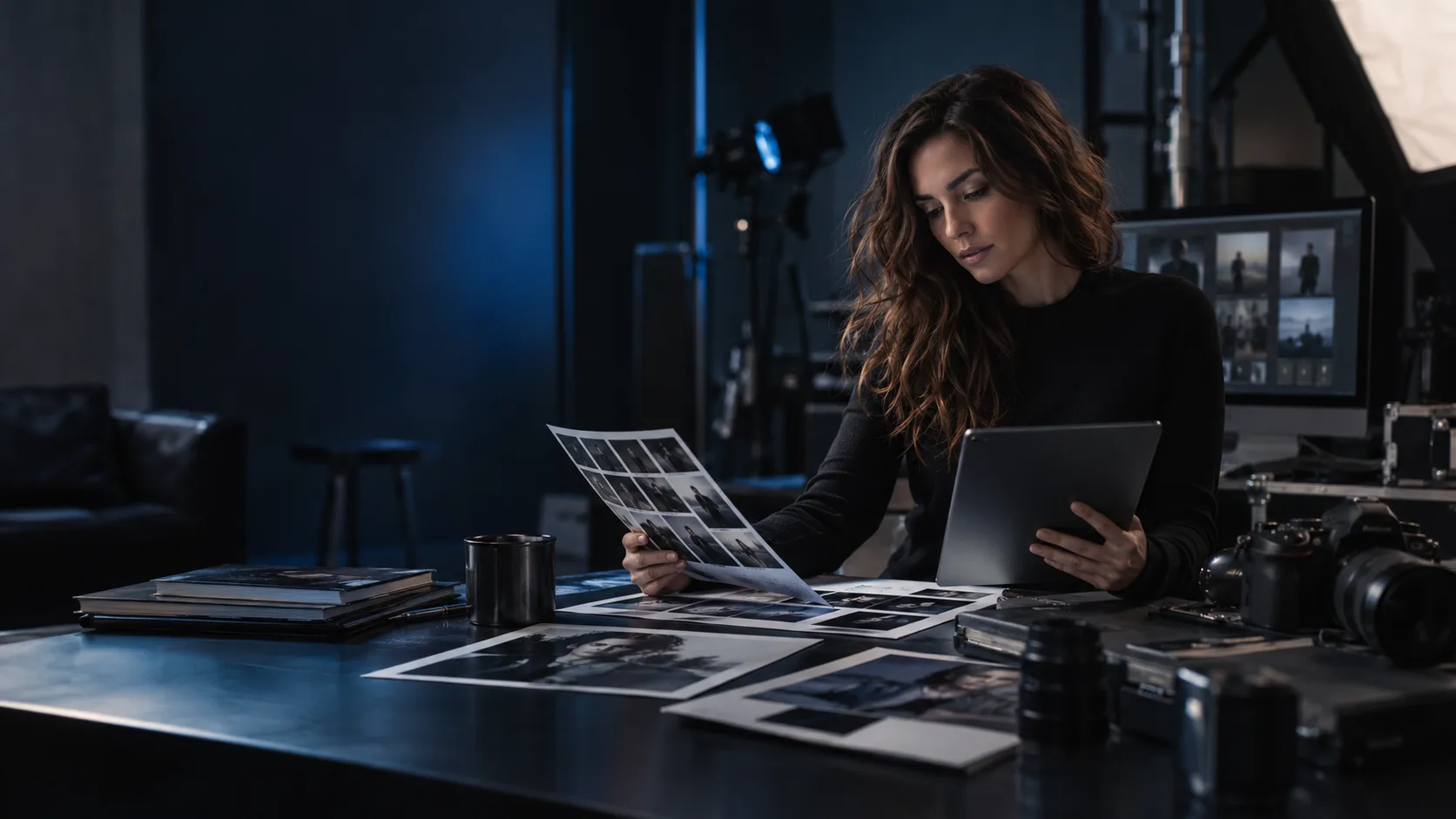 Conceptual artwork of a creator reviewing her own work in a studio