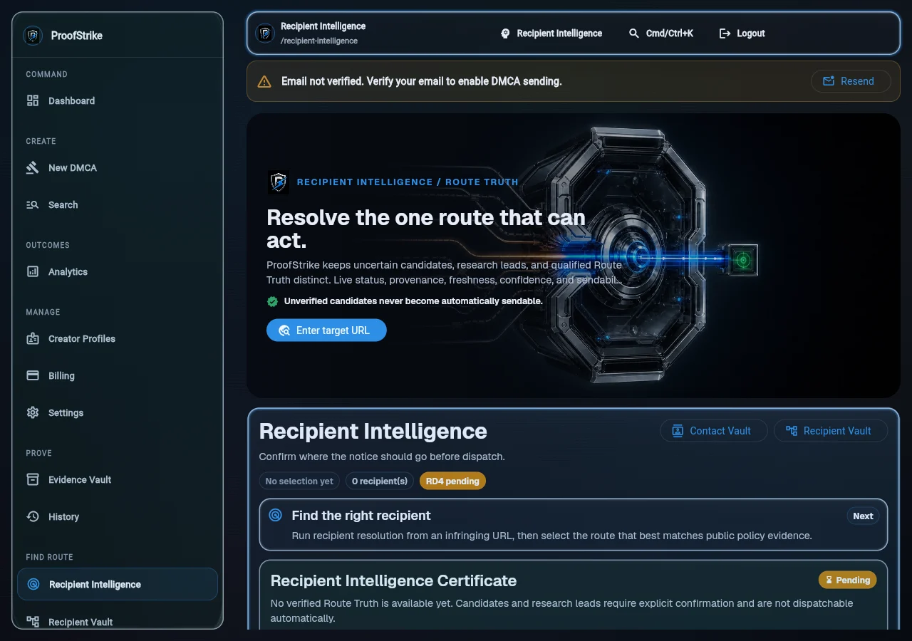 ProofStrike Recipient Intelligence interface showing a pending recipient route and explicit confirmation requirement